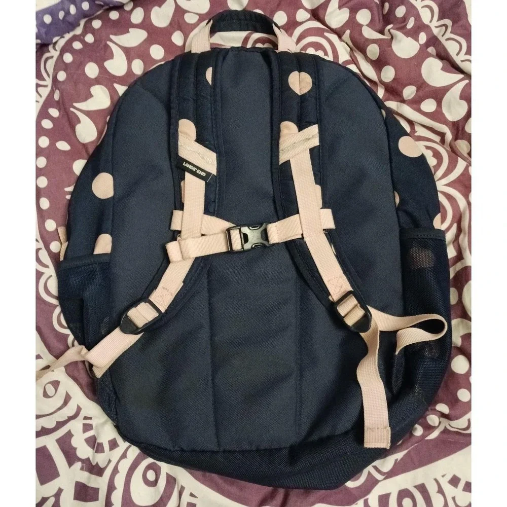 Lands' End Navy Blue & Pink Polka Dot Full Size Backpack